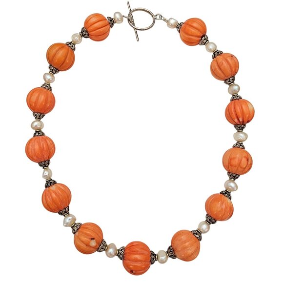 Sterling Silver Pumpkin Coral Baroque Pearl Strand Necklace, 20" Long - Picture 2 of 9